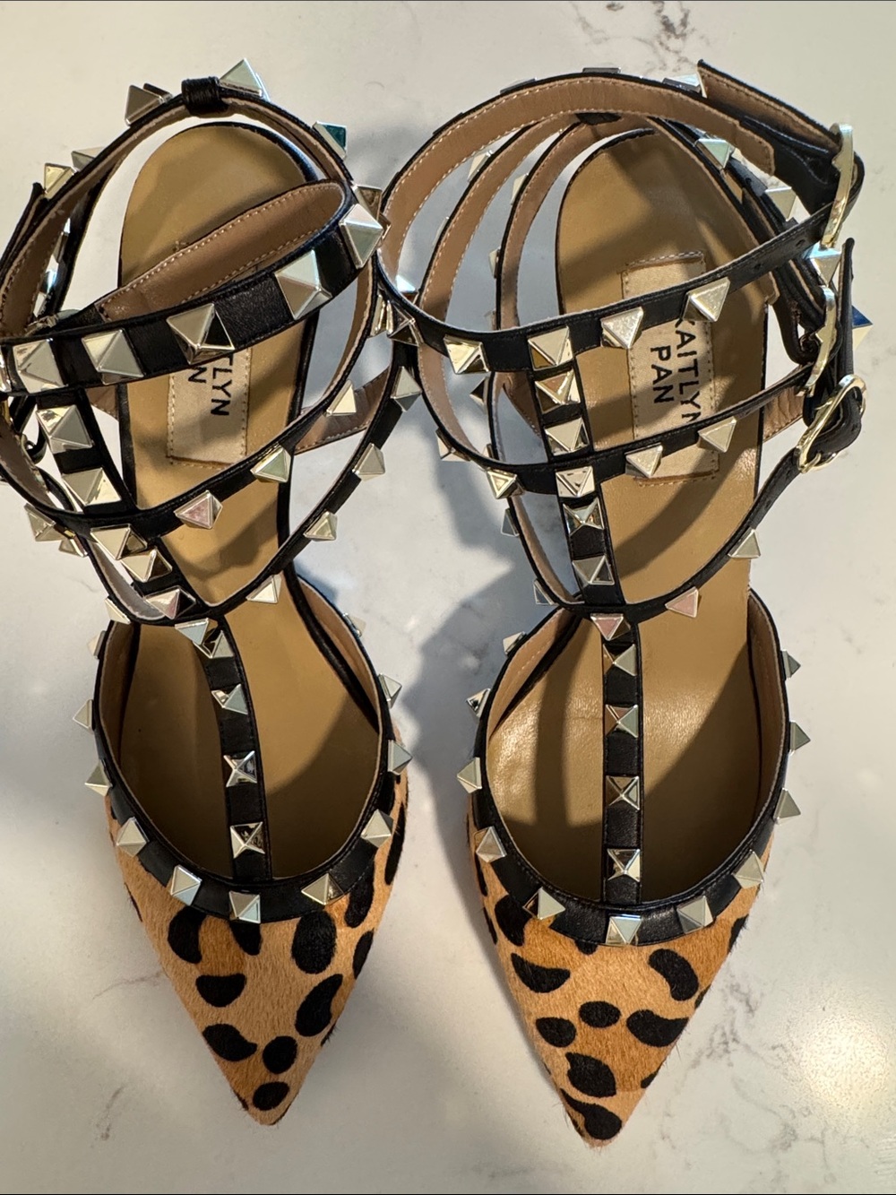 Kaitlyn Pan Rockstud Leopard Print Calf Hair Pointed T-Strap Kitten Heels Sz 7 - Picture 3 of 9